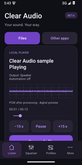 Clear Audio playing a local sample with a digital waveform and playback controls.