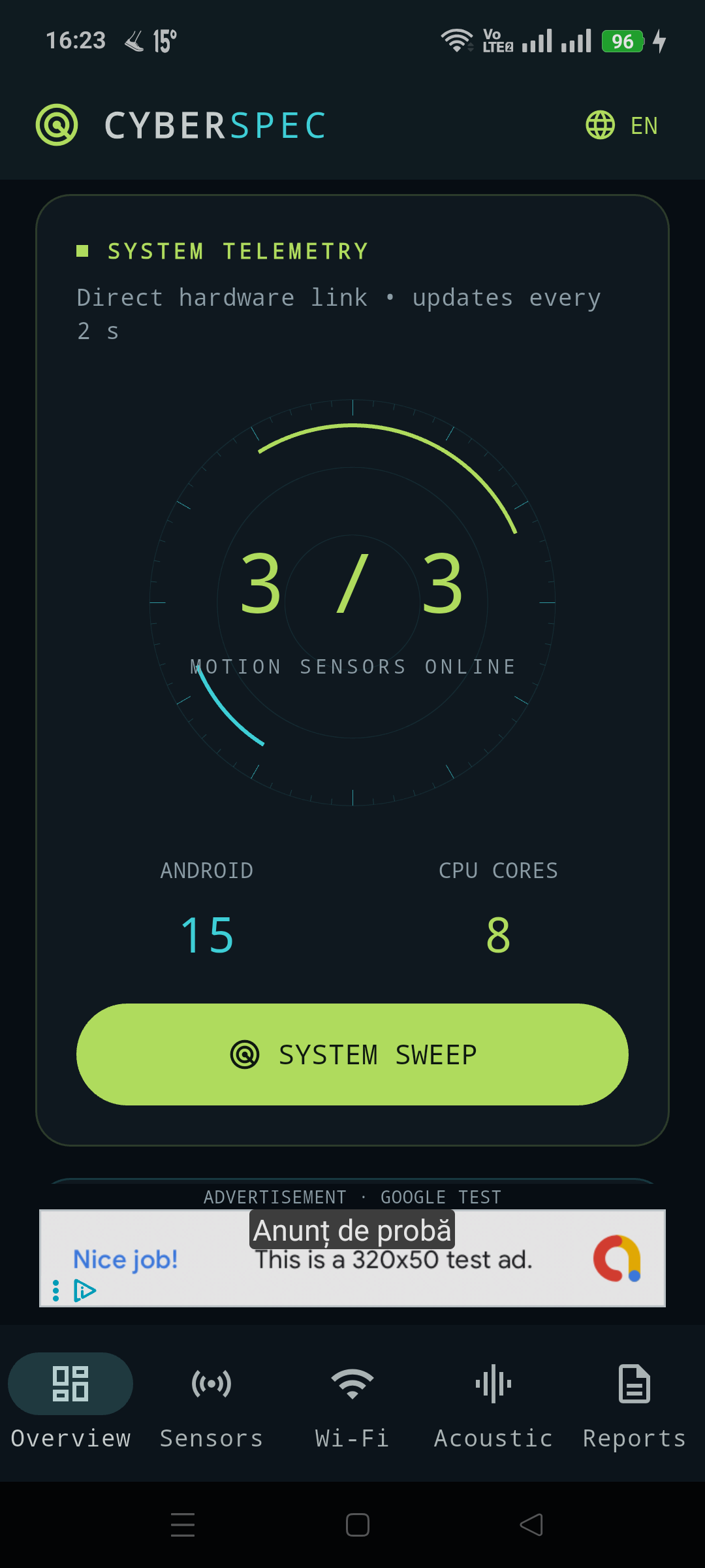 System telemetry radar with Android version and CPU core count