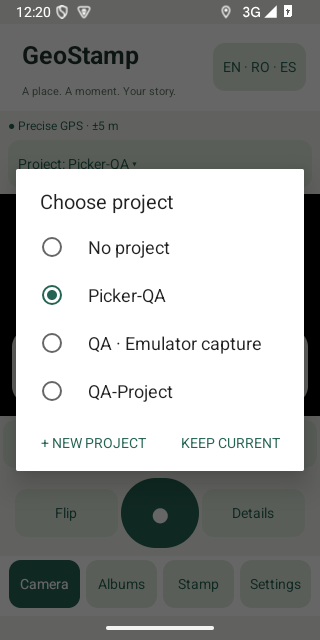 GeoStamp Camera project selector above the camera preview, with existing projects and a New project option