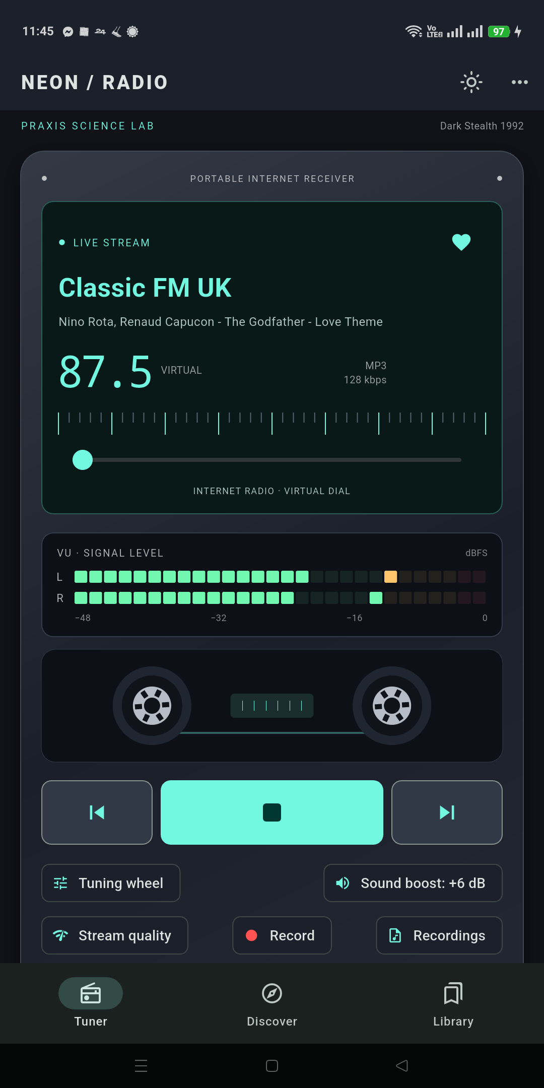 Retro tuner with actual station metadata and audio meter