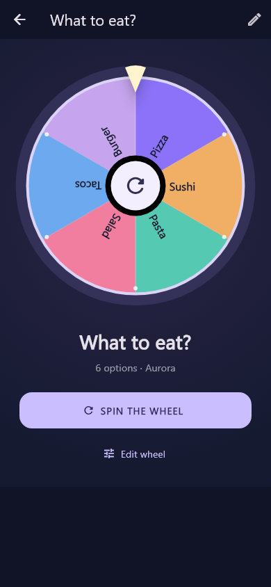 Spinora interface preview showing a six-option food wheel and the Spin the wheel button.