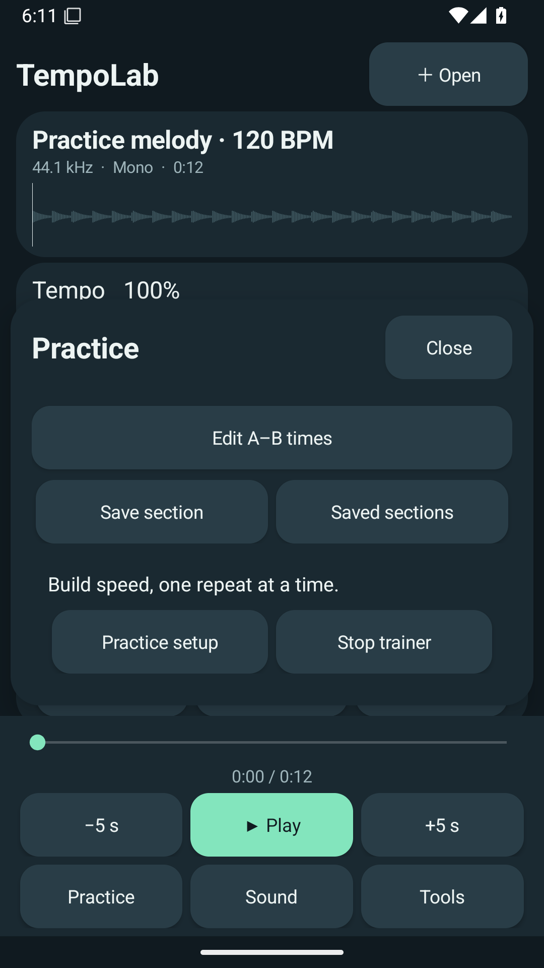 Practice panel with precise A–B times and progression