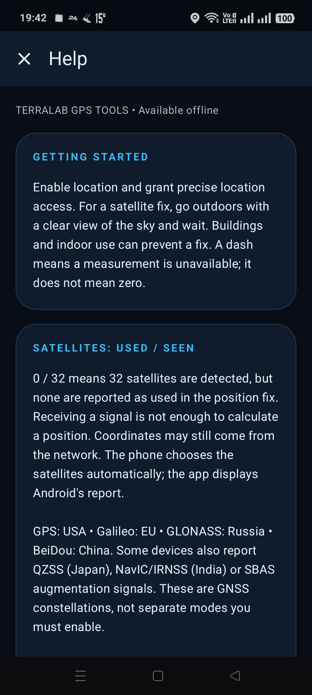 TerraLab offline Help explaining satellite reception and position fixes
