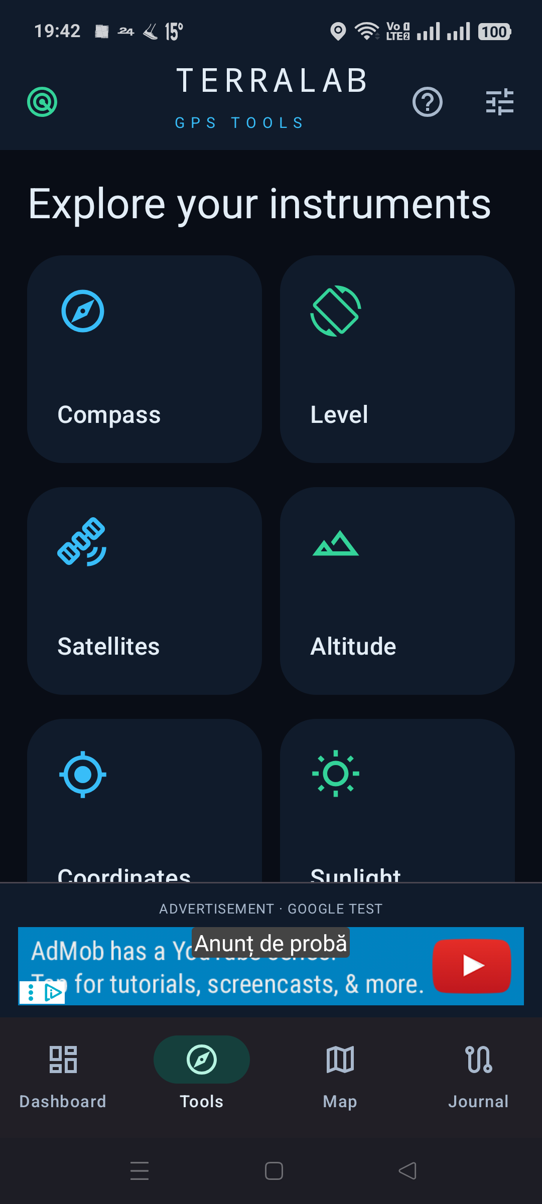 TerraLab instrument menu with compass, level, satellites and altitude tools
